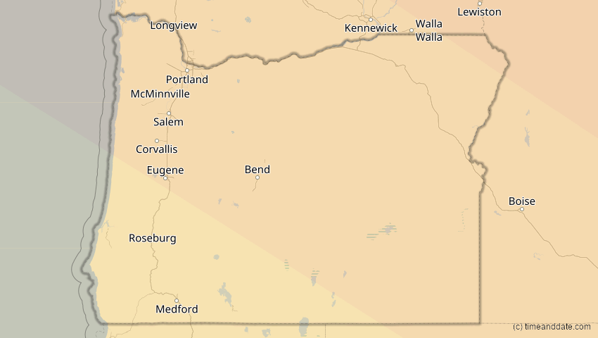 A map of Oregon, USA, showing the path of the 1. Jul 2057 Ringförmige Sonnenfinsternis