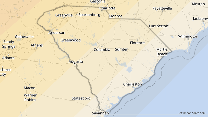 A map of South Carolina, USA, showing the path of the 1. Jul 2057 Ringförmige Sonnenfinsternis