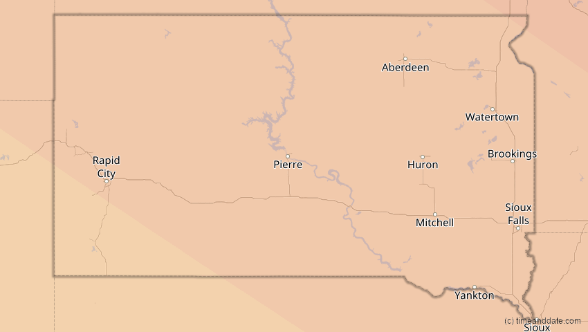 A map of South Dakota, USA, showing the path of the 1. Jul 2057 Ringförmige Sonnenfinsternis