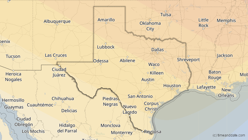 A map of Texas, USA, showing the path of the 1. Jul 2057 Ringförmige Sonnenfinsternis