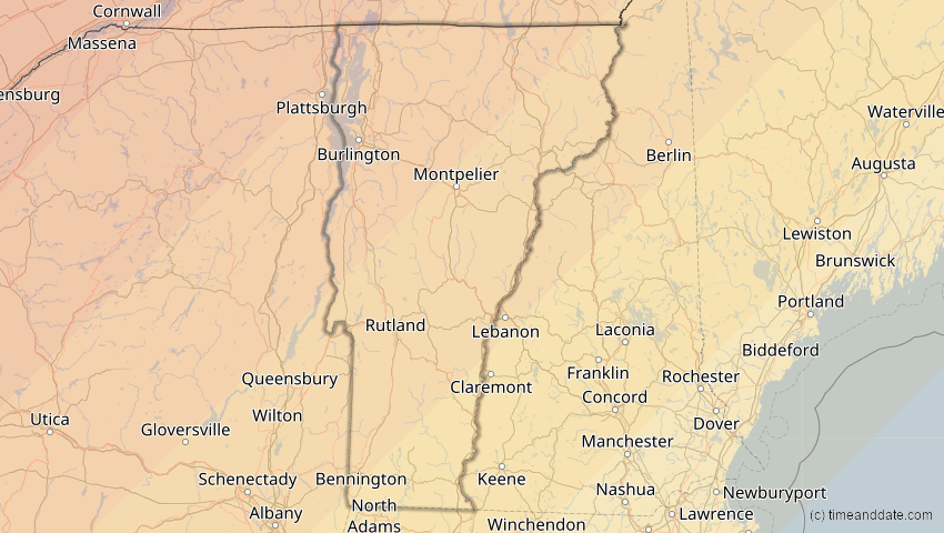 A map of Vermont, USA, showing the path of the 1. Jul 2057 Ringförmige Sonnenfinsternis