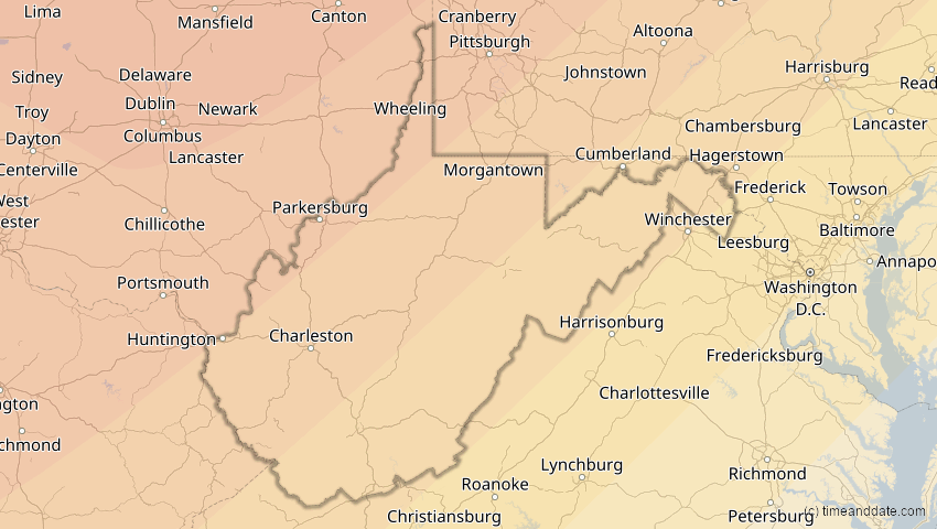 A map of West Virginia, USA, showing the path of the 1. Jul 2057 Ringförmige Sonnenfinsternis