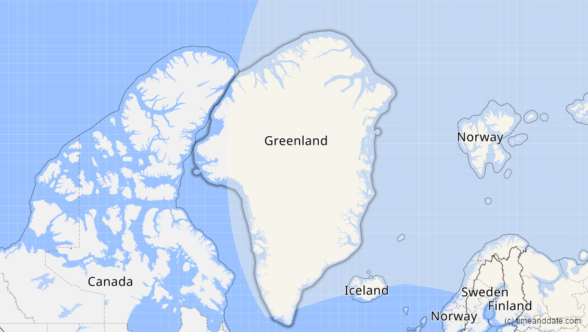 A map of Grönland, showing the path of the 20–21. Jun 2058 Partielle Sonnenfinsternis