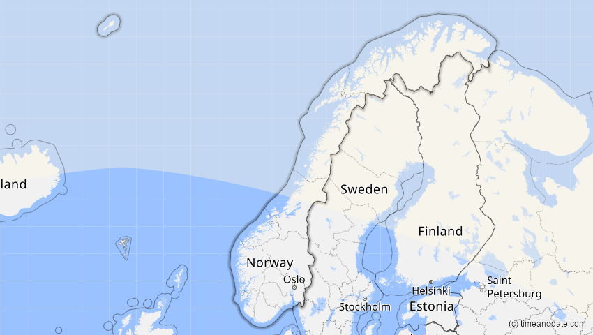 A map of Norwegen, showing the path of the 21. Jun 2058 Partielle Sonnenfinsternis