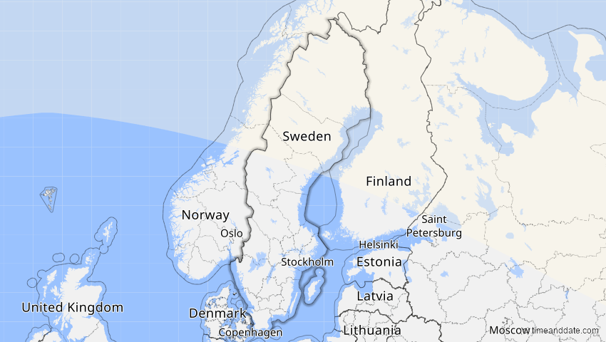 A map of Schweden, showing the path of the 21. Jun 2058 Partielle Sonnenfinsternis