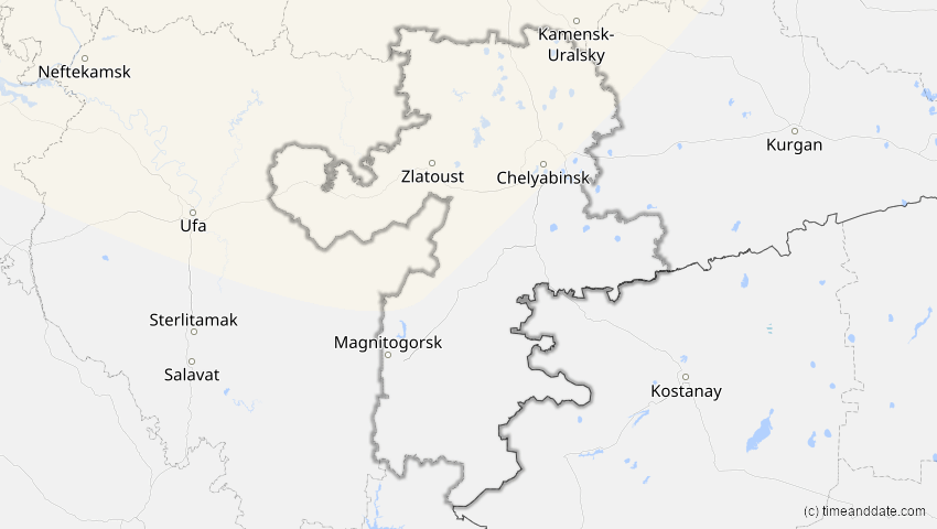 A map of Tscheljabinsk, Russland, showing the path of the 21. Jun 2058 Partielle Sonnenfinsternis
