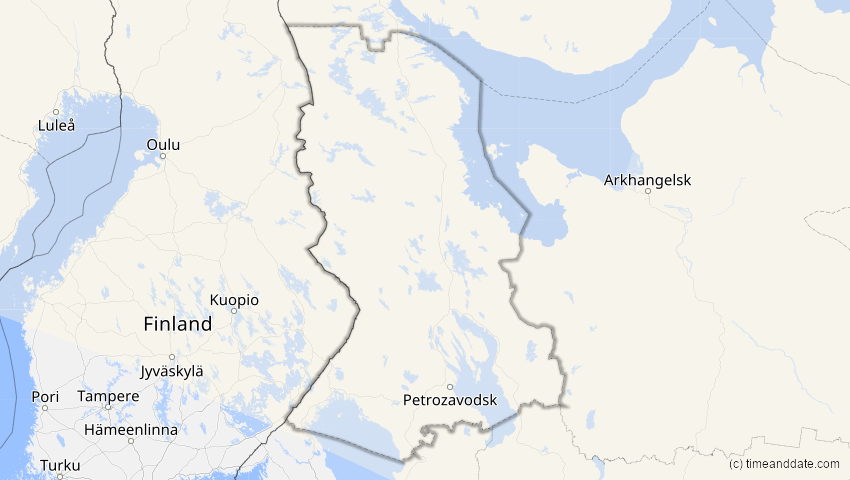 A map of Karelien, Russland, showing the path of the 21. Jun 2058 Partielle Sonnenfinsternis