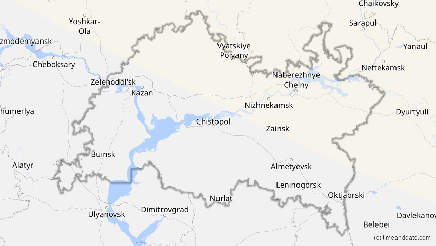 A map of Tatarstan, Russland, showing the path of the 21. Jun 2058 Partielle Sonnenfinsternis