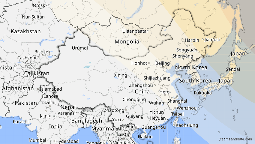 A map of China, showing the path of the 16. Nov 2058 Partielle Sonnenfinsternis