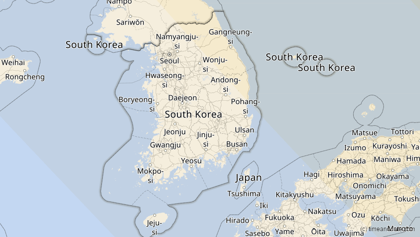 A map of Südkorea, showing the path of the 16. Nov 2058 Partielle Sonnenfinsternis
