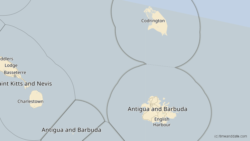 A map of Antigua und Barbuda, showing the path of the 11. Mai 2059 Totale Sonnenfinsternis