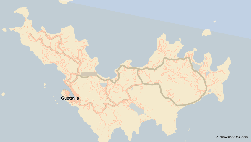 A map of St. Barts, showing the path of the 11. Mai 2059 Totale Sonnenfinsternis