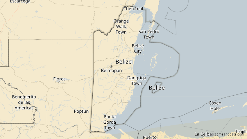A map of Belize, showing the path of the 11. Mai 2059 Totale Sonnenfinsternis