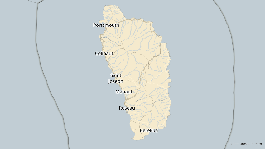 A map of Dominica, showing the path of the 11. Mai 2059 Totale Sonnenfinsternis