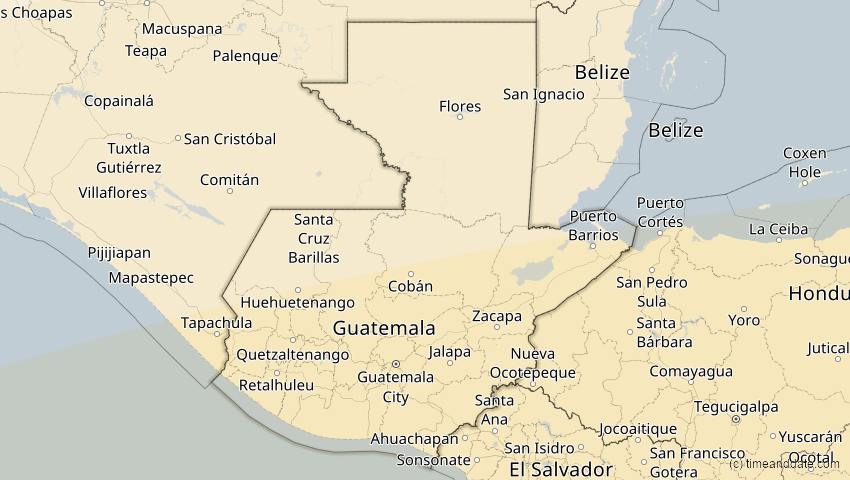 A map of Guatemala, showing the path of the 11. Mai 2059 Totale Sonnenfinsternis