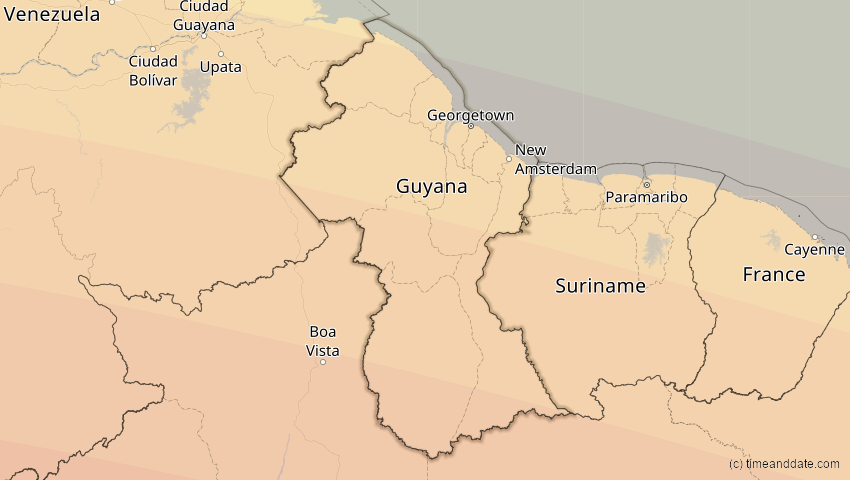 A map of Guyana, showing the path of the 11. Mai 2059 Totale Sonnenfinsternis