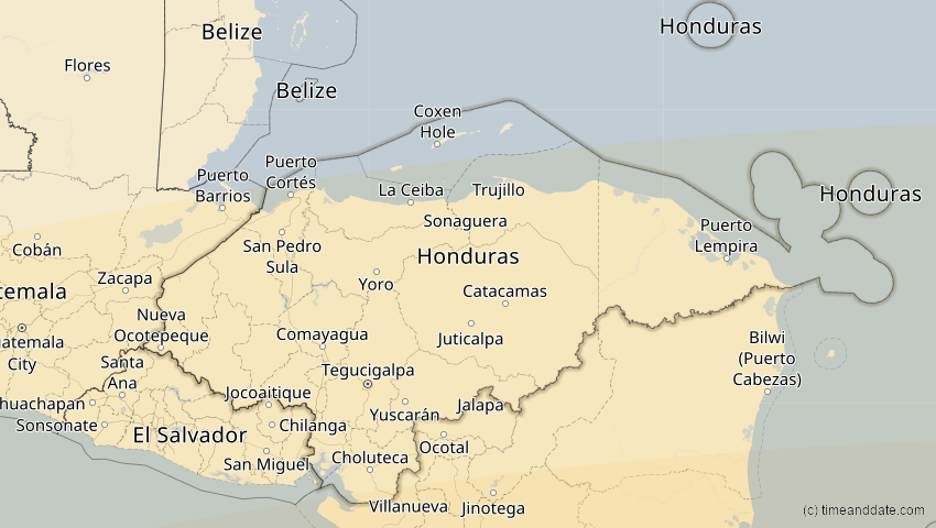 A map of Honduras, showing the path of the 11. Mai 2059 Totale Sonnenfinsternis