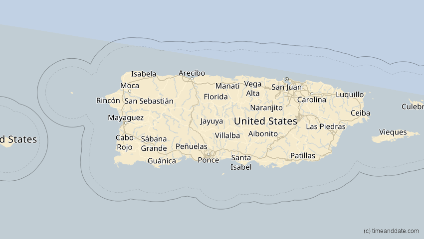 A map of Puerto Rico, showing the path of the 11. Mai 2059 Totale Sonnenfinsternis