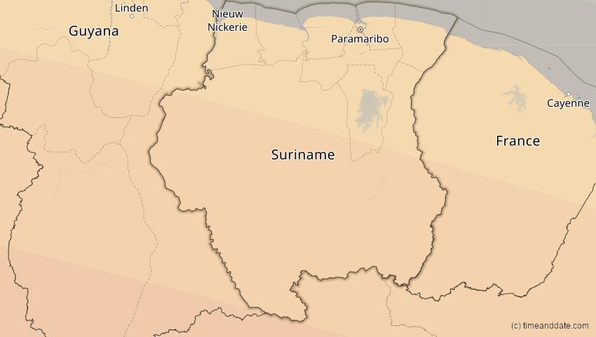 A map of Suriname, showing the path of the 11. Mai 2059 Totale Sonnenfinsternis