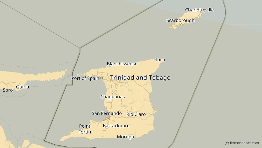 A map of Trinidad und Tobago, showing the path of the 11. Mai 2059 Totale Sonnenfinsternis