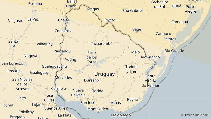 A map of Uruguay, showing the path of the 11. Mai 2059 Totale Sonnenfinsternis