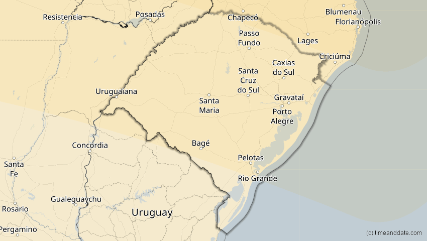 A map of Rio Grande do Sul, Brasilien, showing the path of the 11. Mai 2059 Totale Sonnenfinsternis