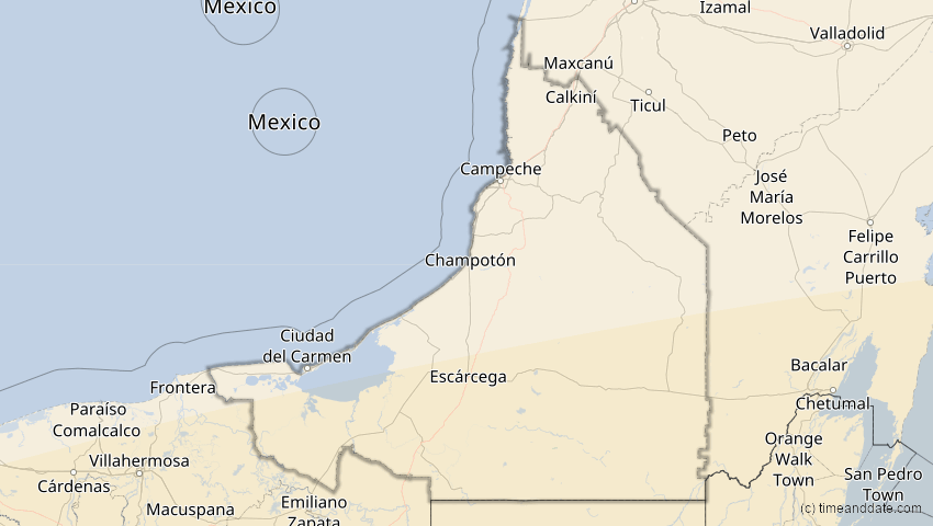 A map of Campeche, Mexiko, showing the path of the 11. Mai 2059 Totale Sonnenfinsternis