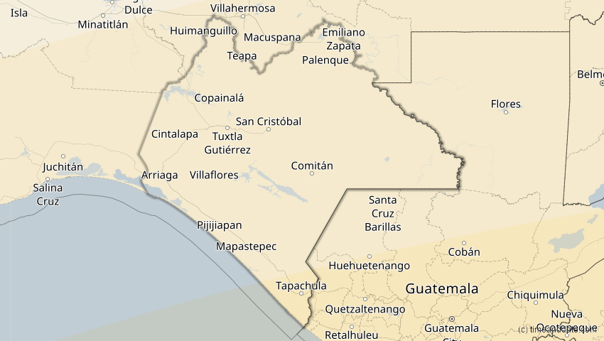 A map of Chiapas, Mexiko, showing the path of the 11. Mai 2059 Totale Sonnenfinsternis