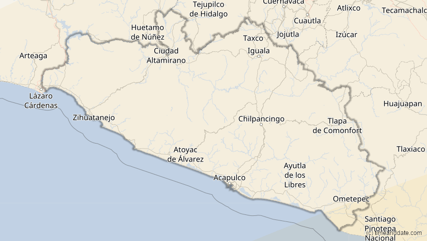 A map of Guerrero, Mexiko, showing the path of the 11. Mai 2059 Totale Sonnenfinsternis