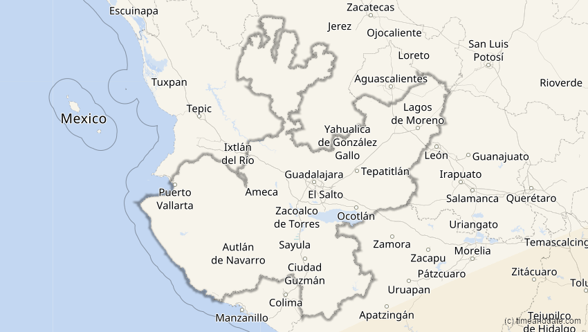 A map of Jalisco, Mexiko, showing the path of the 11. Mai 2059 Totale Sonnenfinsternis