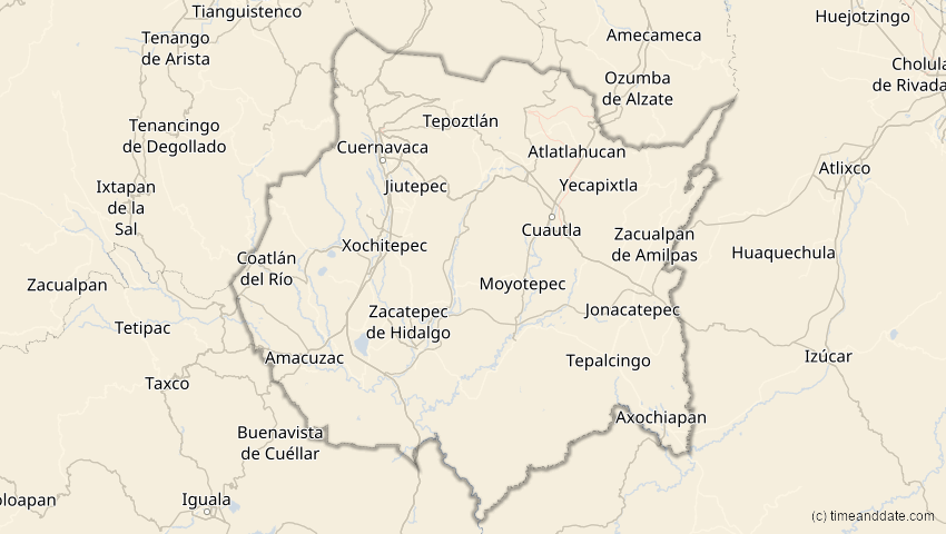 A map of Morelos, Mexiko, showing the path of the 11. Mai 2059 Totale Sonnenfinsternis