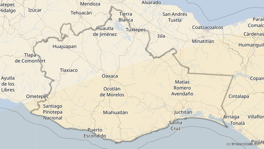 A map of Oaxaca, Mexiko, showing the path of the 11. Mai 2059 Totale Sonnenfinsternis