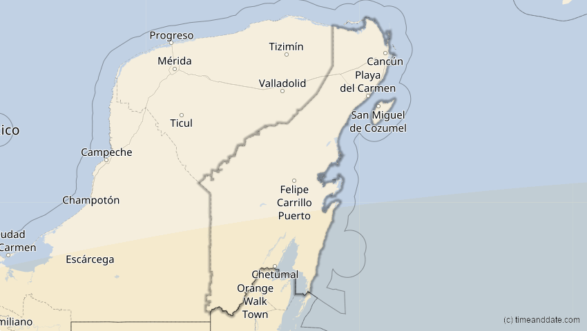 A map of Quintana Roo, Mexiko, showing the path of the 11. Mai 2059 Totale Sonnenfinsternis