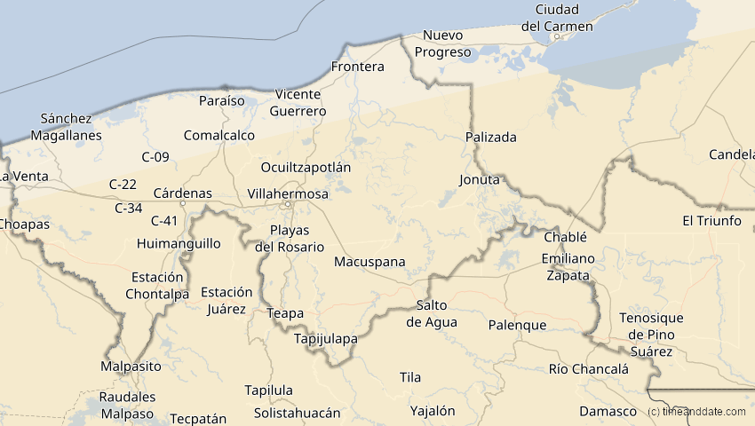 A map of Tabasco, Mexiko, showing the path of the 11. Mai 2059 Totale Sonnenfinsternis