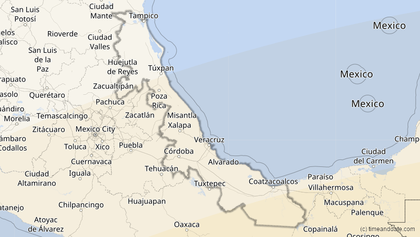 A map of Veracruz, Mexiko, showing the path of the 11. Mai 2059 Totale Sonnenfinsternis
