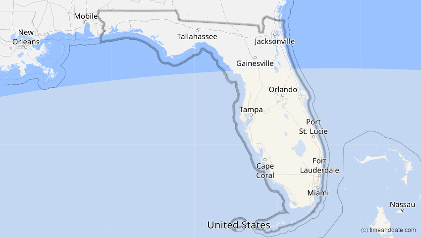 A map of Florida, USA, showing the path of the 11. Mai 2059 Totale Sonnenfinsternis