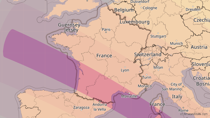 A map of Frankreich, showing the path of the 5. Nov 2059 Ringförmige Sonnenfinsternis