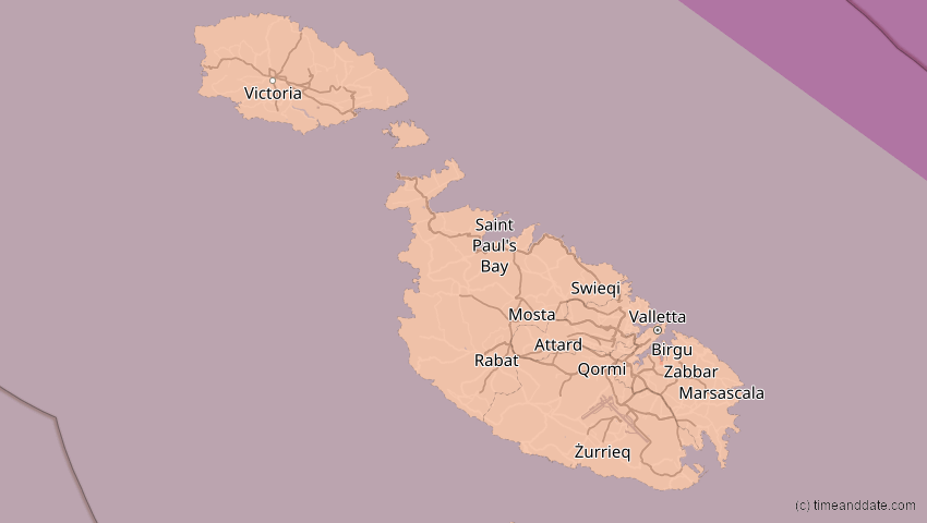 A map of Malta, showing the path of the 5. Nov 2059 Ringförmige Sonnenfinsternis