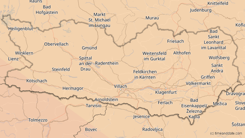 A map of Kärnten, Österreich, showing the path of the 5. Nov 2059 Ringförmige Sonnenfinsternis