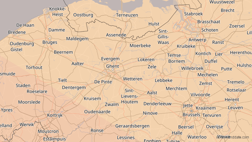 A map of Ostflandern, Belgien, showing the path of the 5. Nov 2059 Ringförmige Sonnenfinsternis