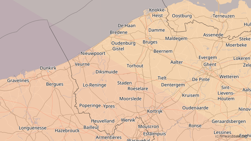 A map of Westflandern, Belgien, showing the path of the 5. Nov 2059 Ringförmige Sonnenfinsternis
