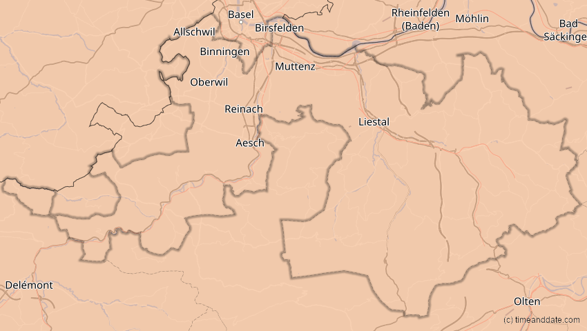A map of Basel-Landschaft, Schweiz, showing the path of the 5. Nov 2059 Ringförmige Sonnenfinsternis