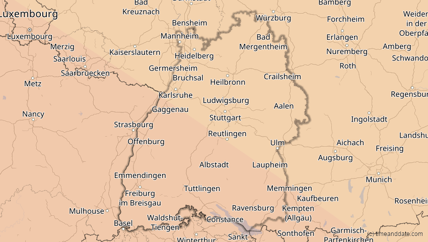 A map of Baden-Württemberg, Deutschland, showing the path of the 5. Nov 2059 Ringförmige Sonnenfinsternis