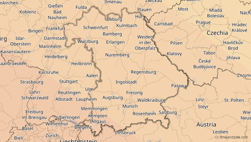 A map of Bayern, Deutschland, showing the path of the 5. Nov 2059 Ringförmige Sonnenfinsternis