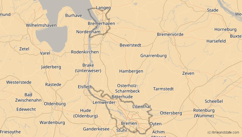 A map of Bremen, Deutschland, showing the path of the 5. Nov 2059 Ringförmige Sonnenfinsternis