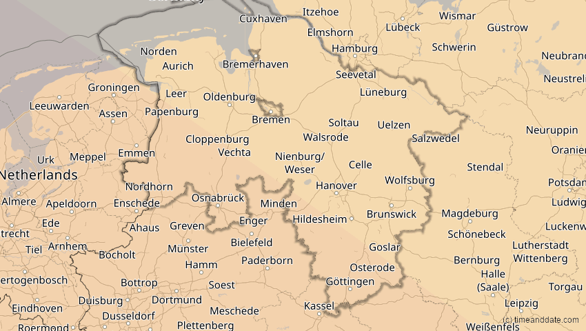 A map of Niedersachsen, Deutschland, showing the path of the 5. Nov 2059 Ringförmige Sonnenfinsternis