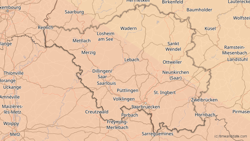 A map of Saarland, Deutschland, showing the path of the 5. Nov 2059 Ringförmige Sonnenfinsternis