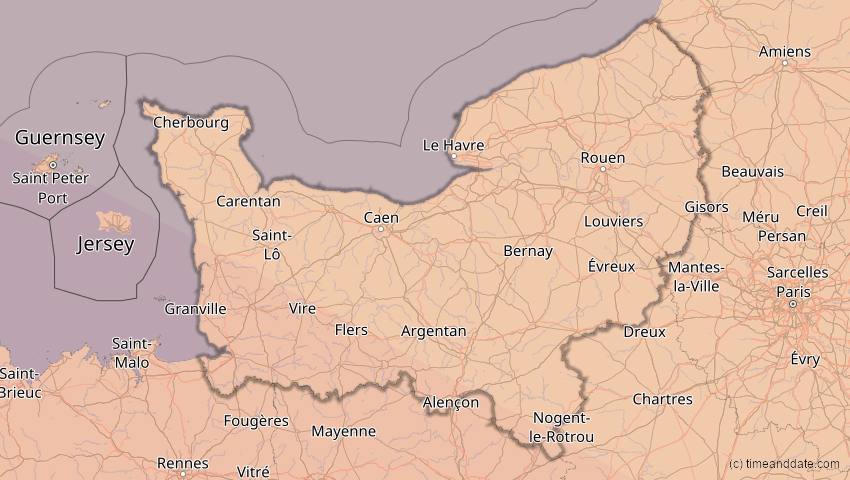 A map of Normandie, Frankreich, showing the path of the 5. Nov 2059 Ringförmige Sonnenfinsternis