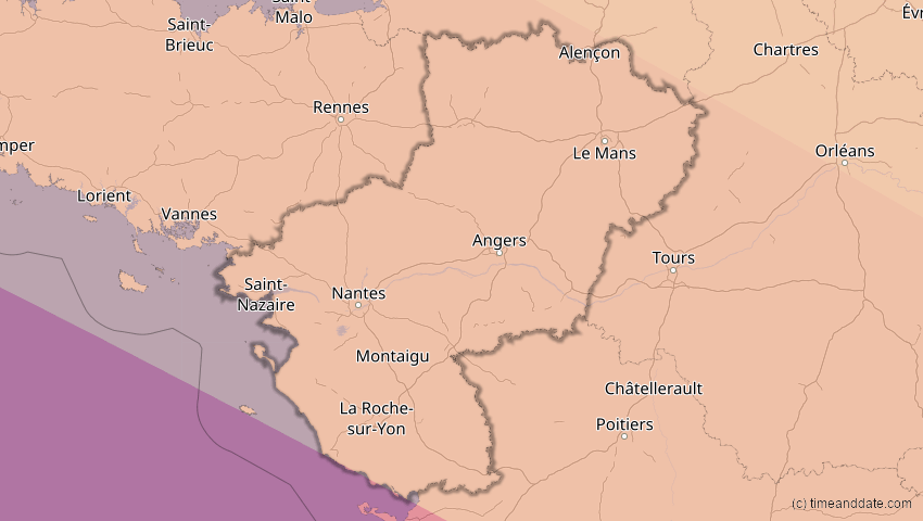 A map of Pays de la Loire, Frankreich, showing the path of the 5. Nov 2059 Ringförmige Sonnenfinsternis