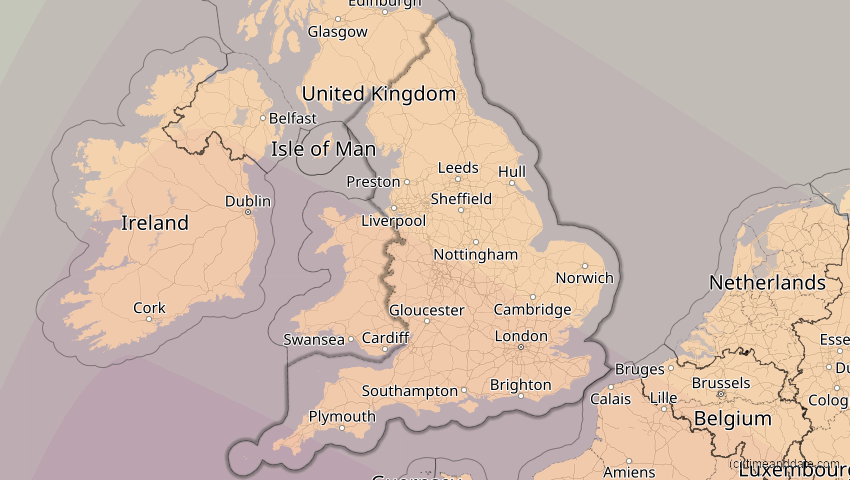 A map of England, Großbritannien, showing the path of the 5. Nov 2059 Ringförmige Sonnenfinsternis